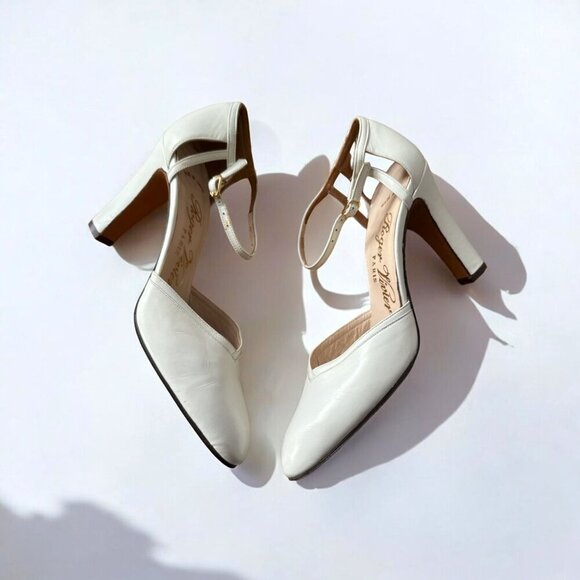 Vintage Roger Vivier White Leather Ankle Strap Heels – Made in Italy, 1960s–70s - Picture 1 of 16